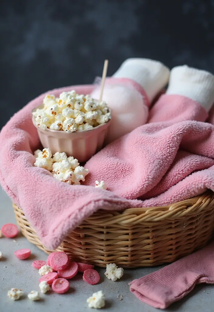 15 Pretty Pink Gift Basket Ideas for Any Occasion - 5. Cozy Movie Night Basket